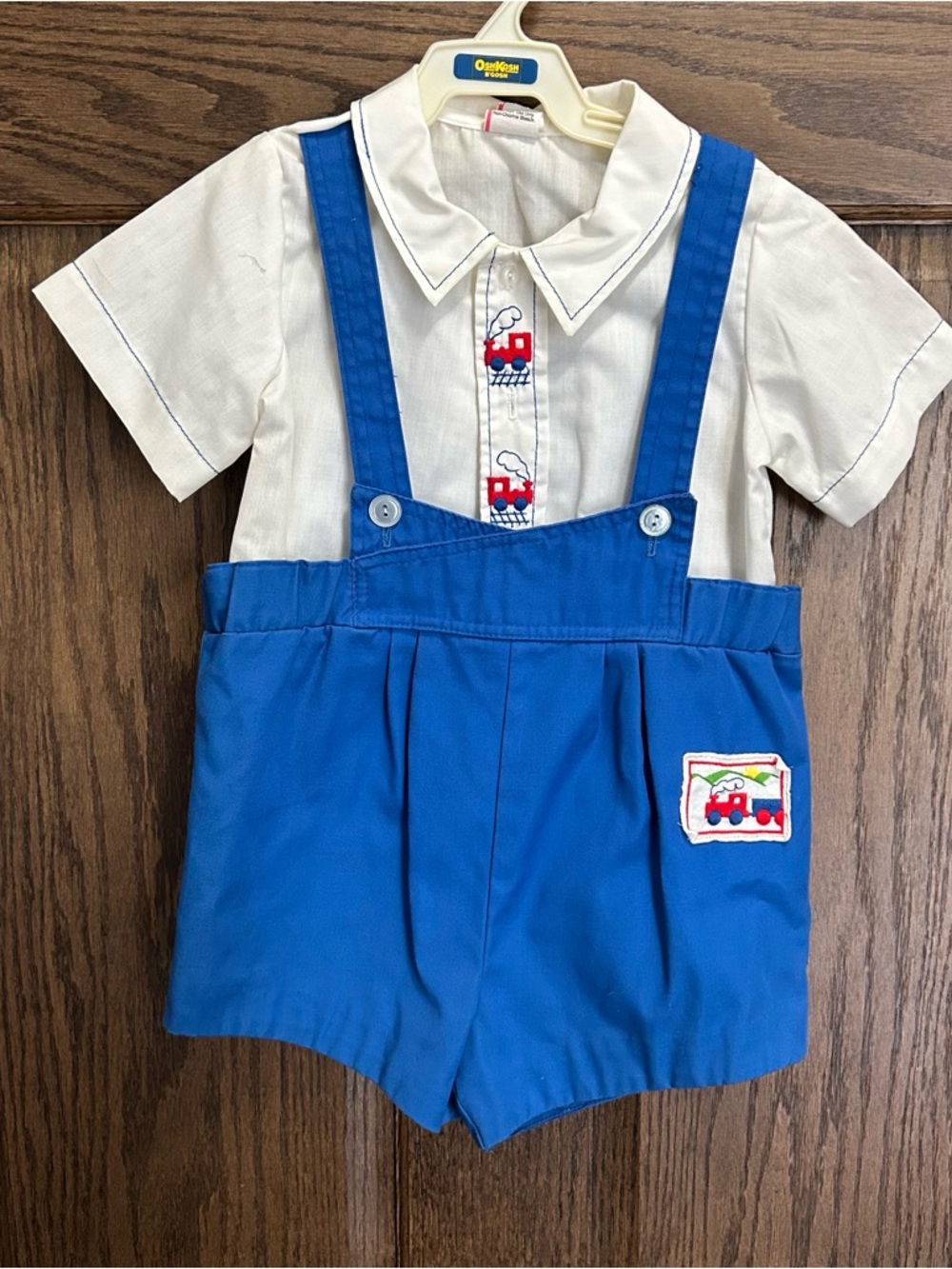 Vintage Classic Blue Train Embroidered Toddler Shortall